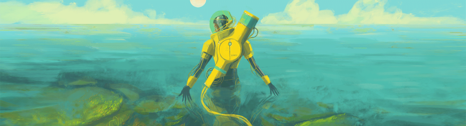 Ellery Vas in her diving suit looking across an alien ocean